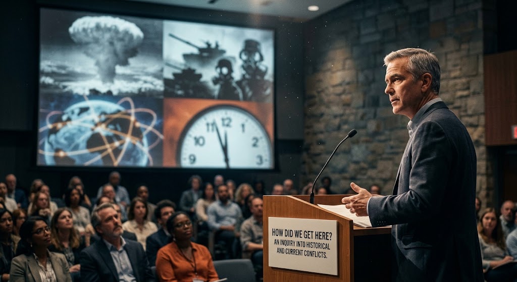 man talking at a podium about nuclear bombs